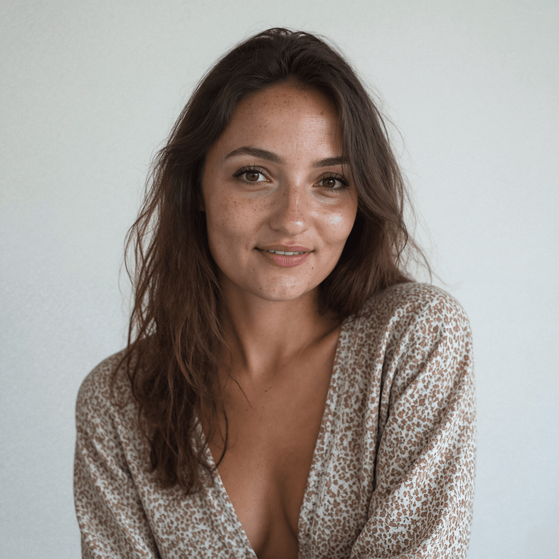 A portrait of Astrid, natural and smiling, in a leopard print outfit