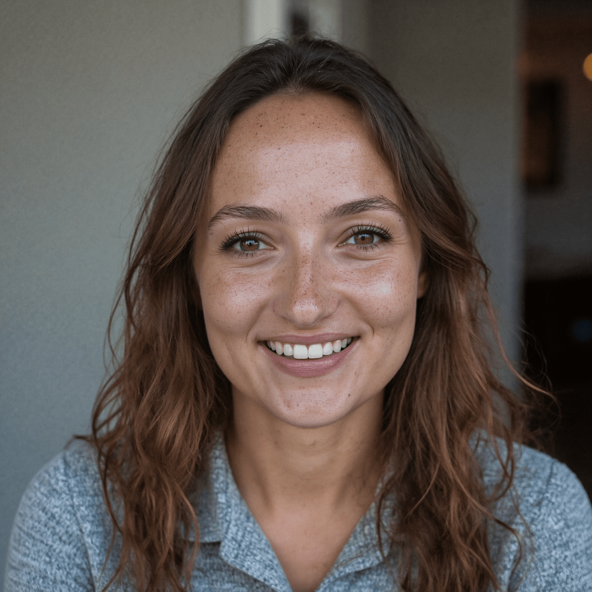A portrait of Astrid, radiant and relaxed, wearing a gray top