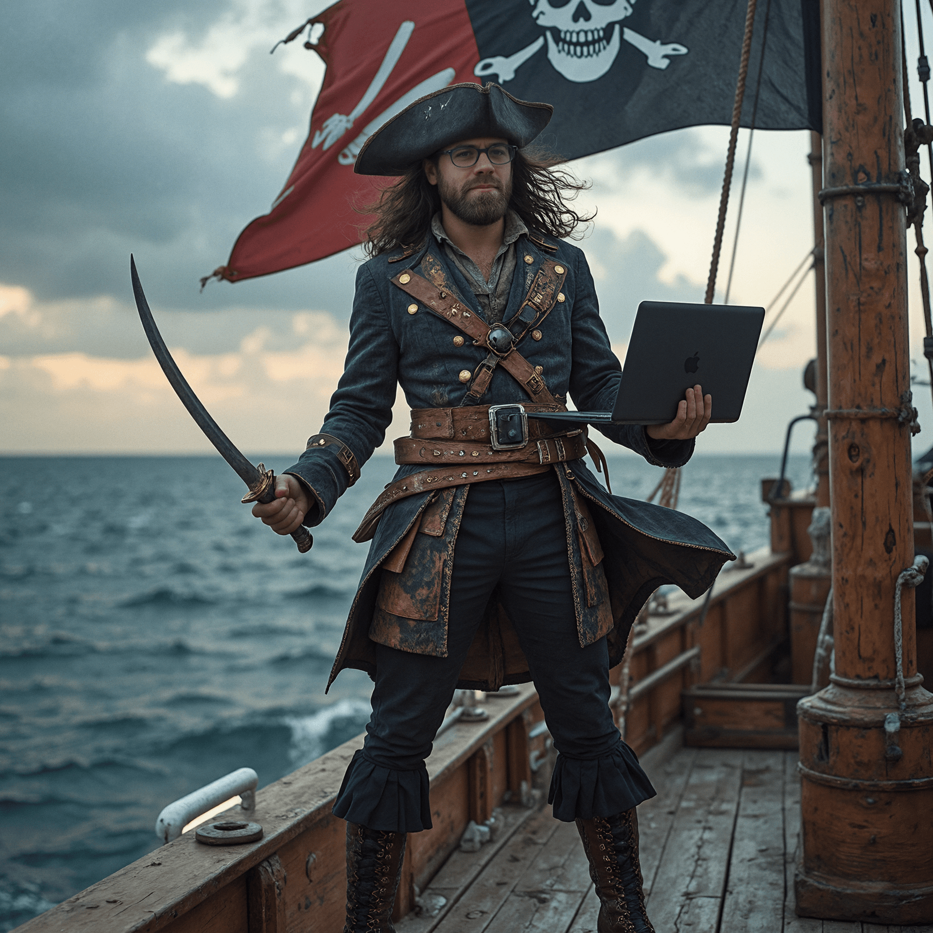 Me as a pirate, holding a macbook pro