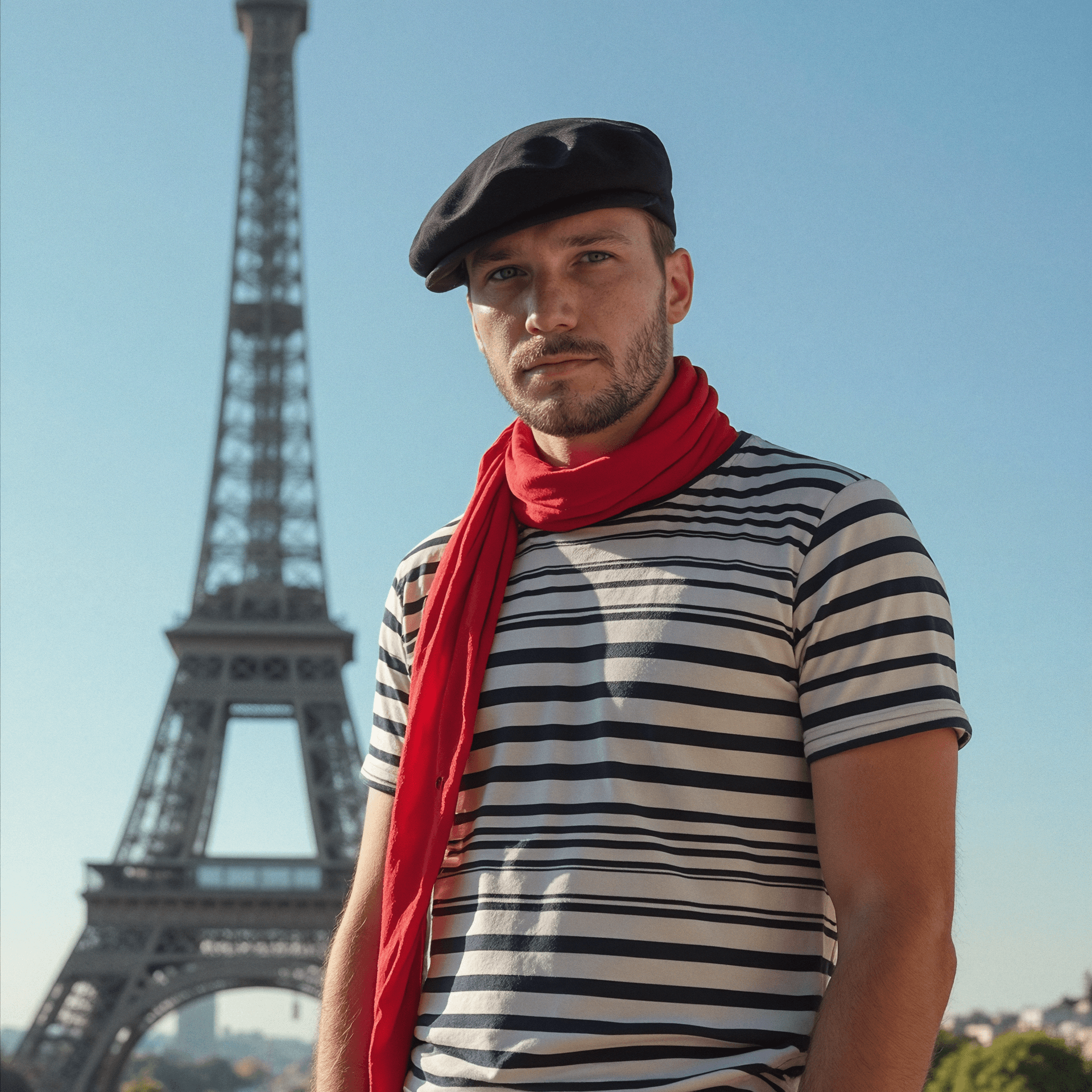 Me wearing a marinière, a french hat and a red scarf in front of the Eiffel Tower