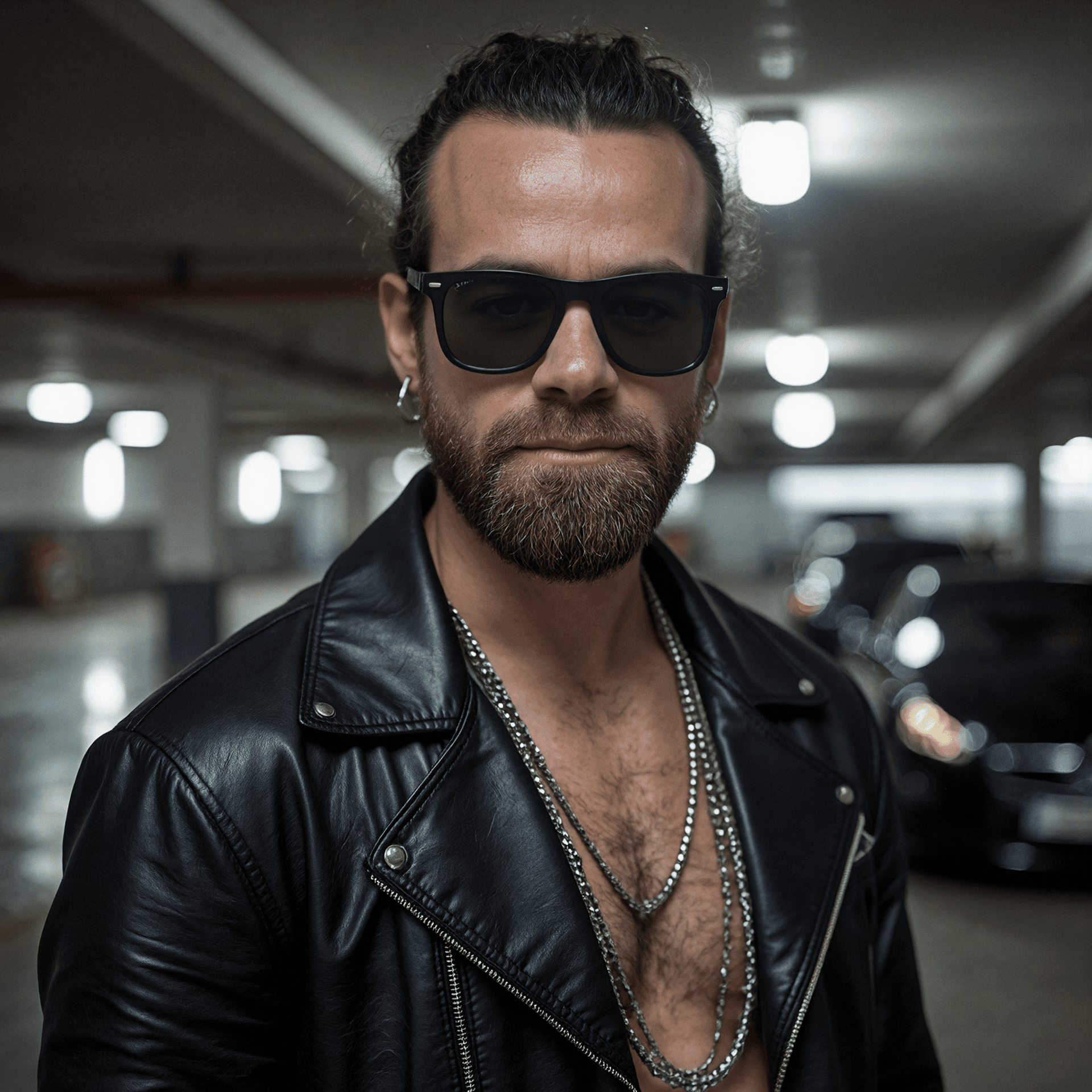 Me wearing dark sunglasses and only a leather jacket in an underground parking lot