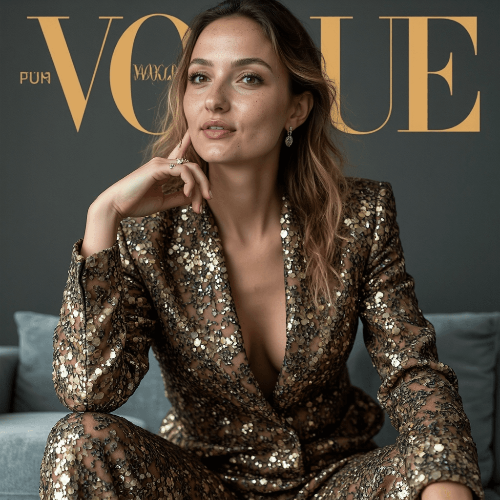 Me wearing a golden suit and posing for the cover of Vogue magazine