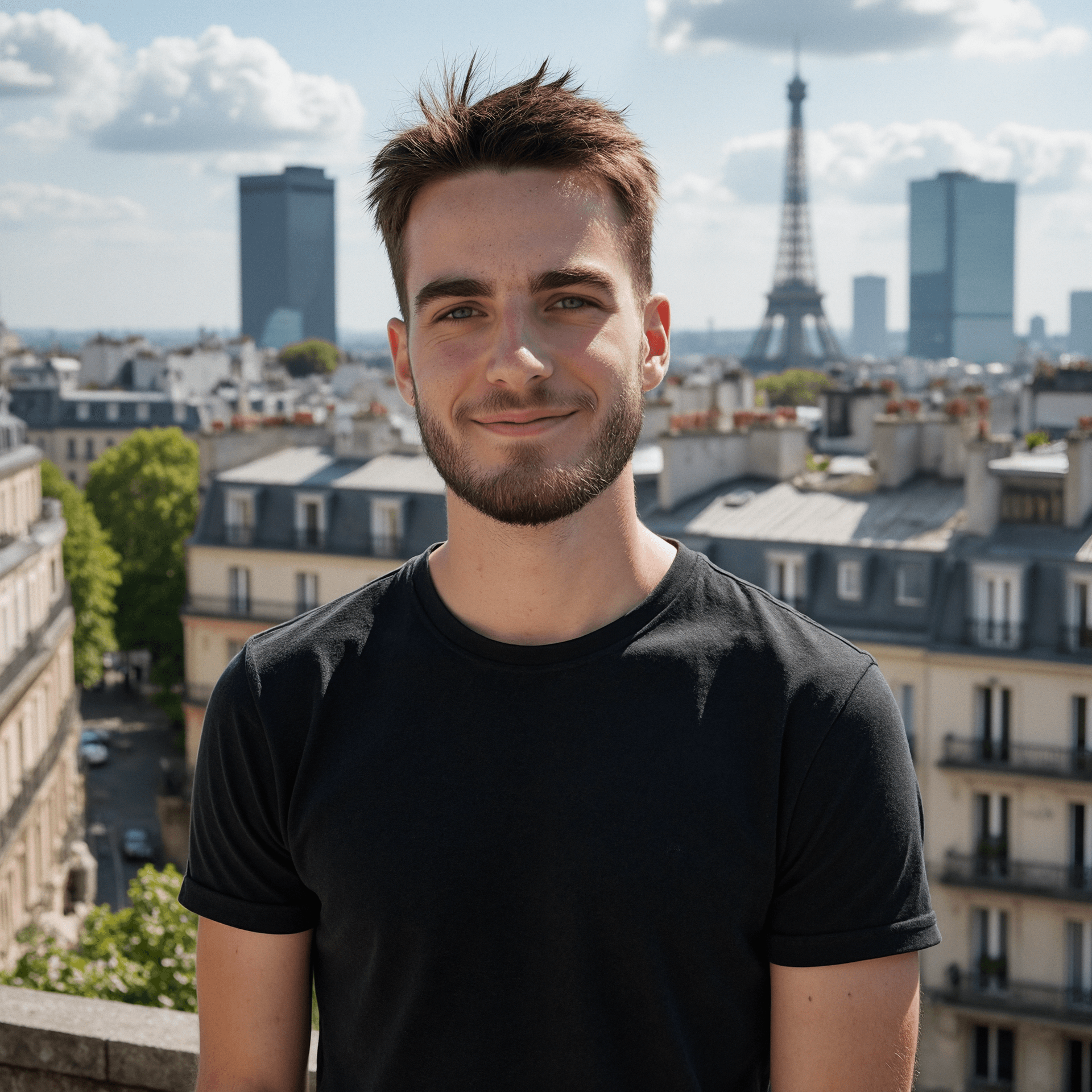 Me wearing a black shirt on a rooftop in front of the Paris skyline