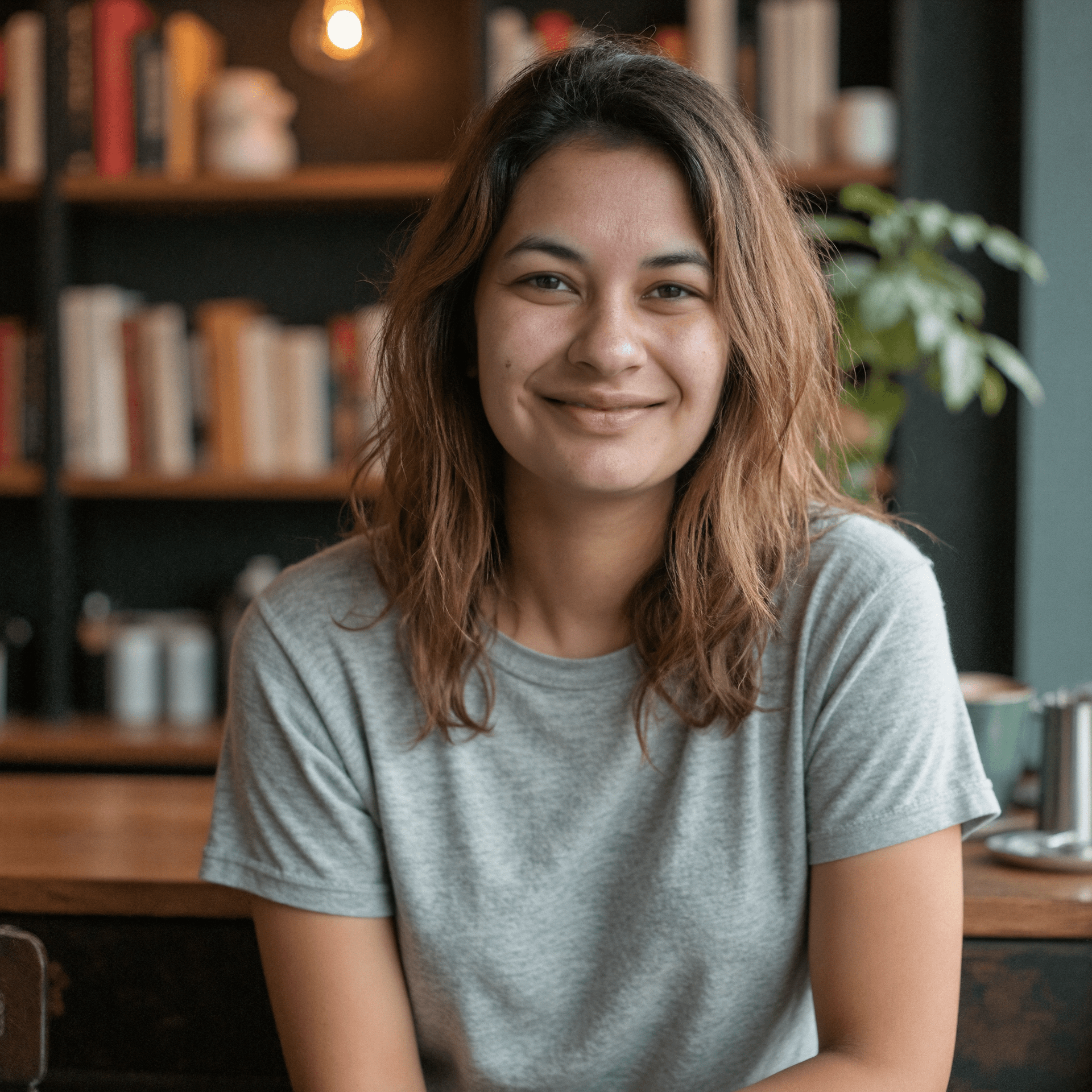 A portrait of me wearing a light grey shirt in front of a bookshelf