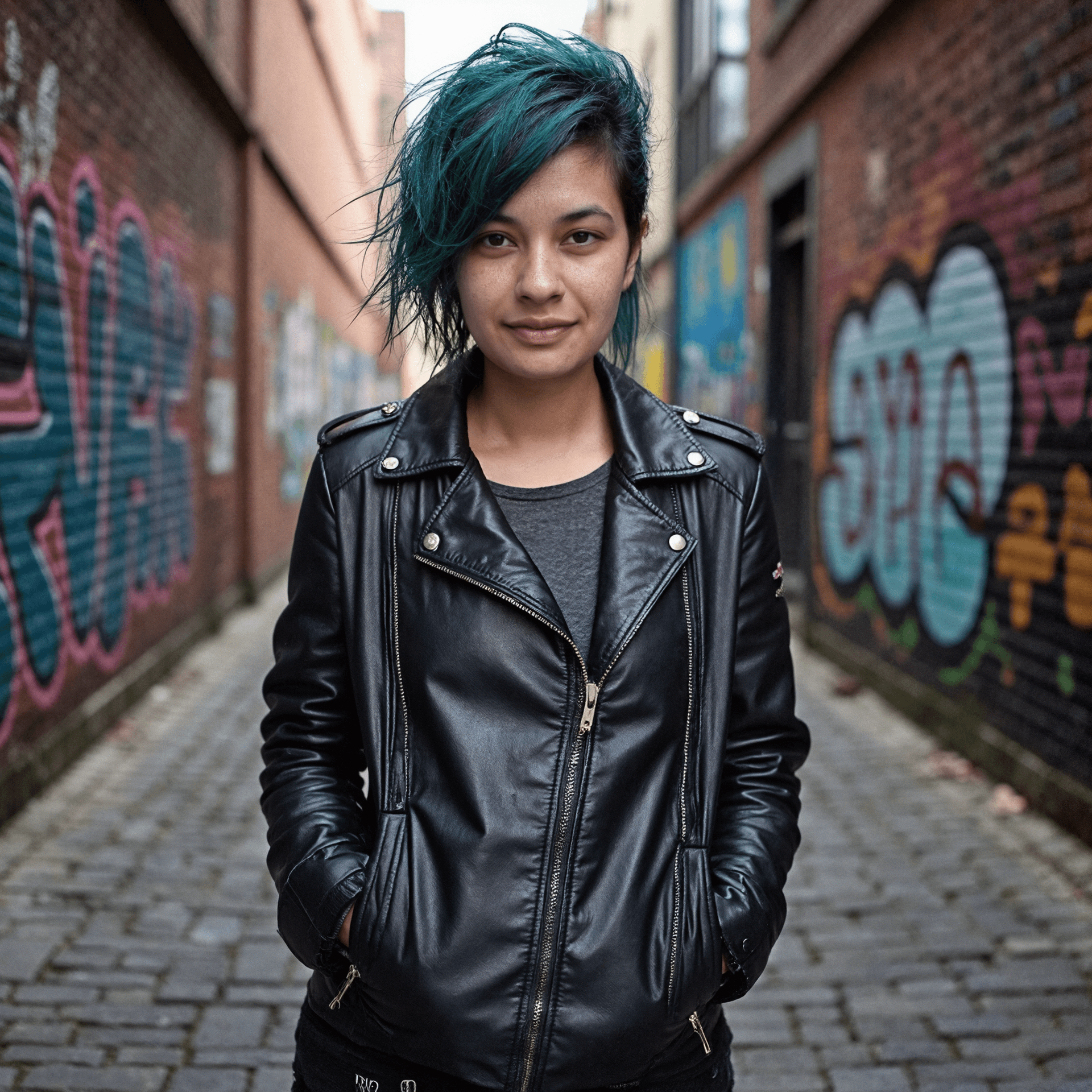 Me as a punk with green hair and a leather jacket. Behind me is nothing but the street