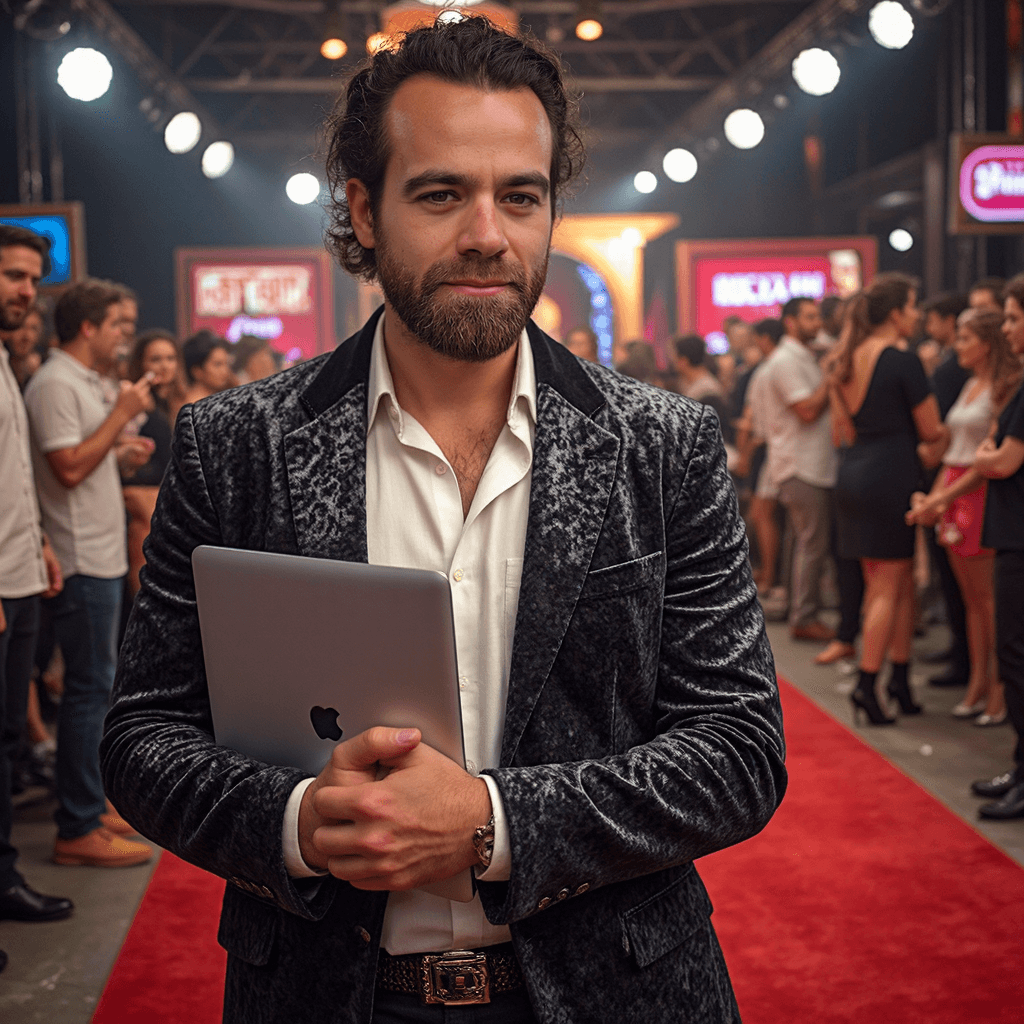 Me wearing a dark velvet jacket on the red carpet at a gala holding a macbook pro 