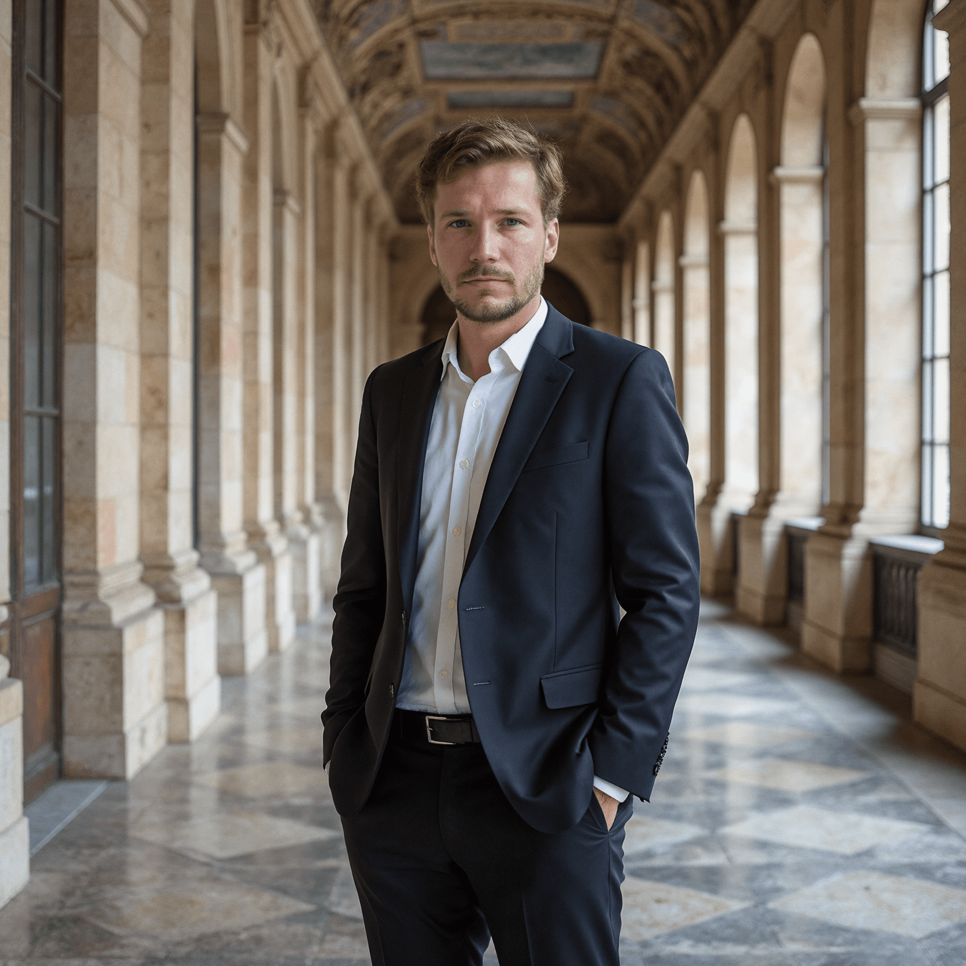 Me dressed with a business suit in front of a parisian corridor
