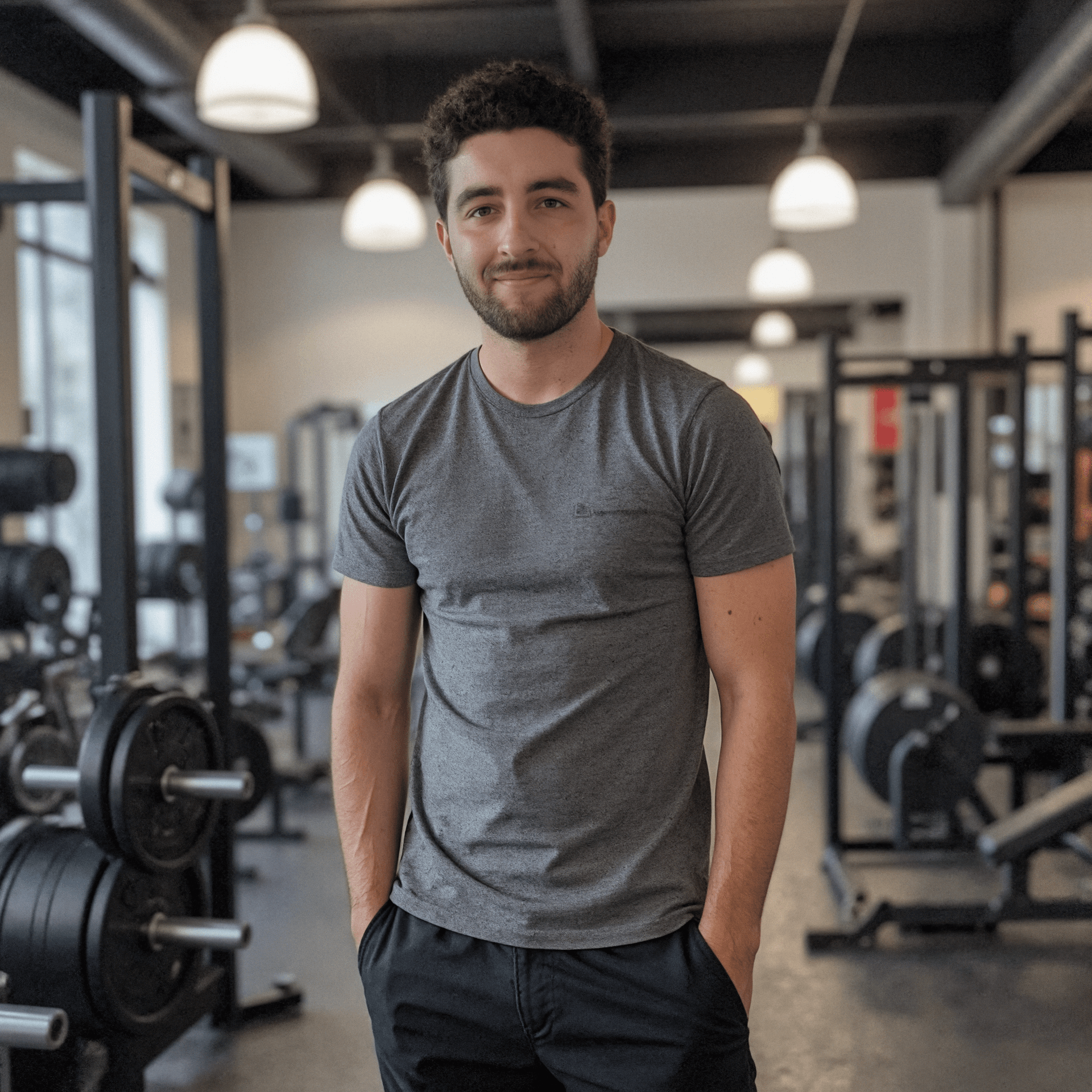 Me wearing a grey t-shirt at the gym, hands in my pockets