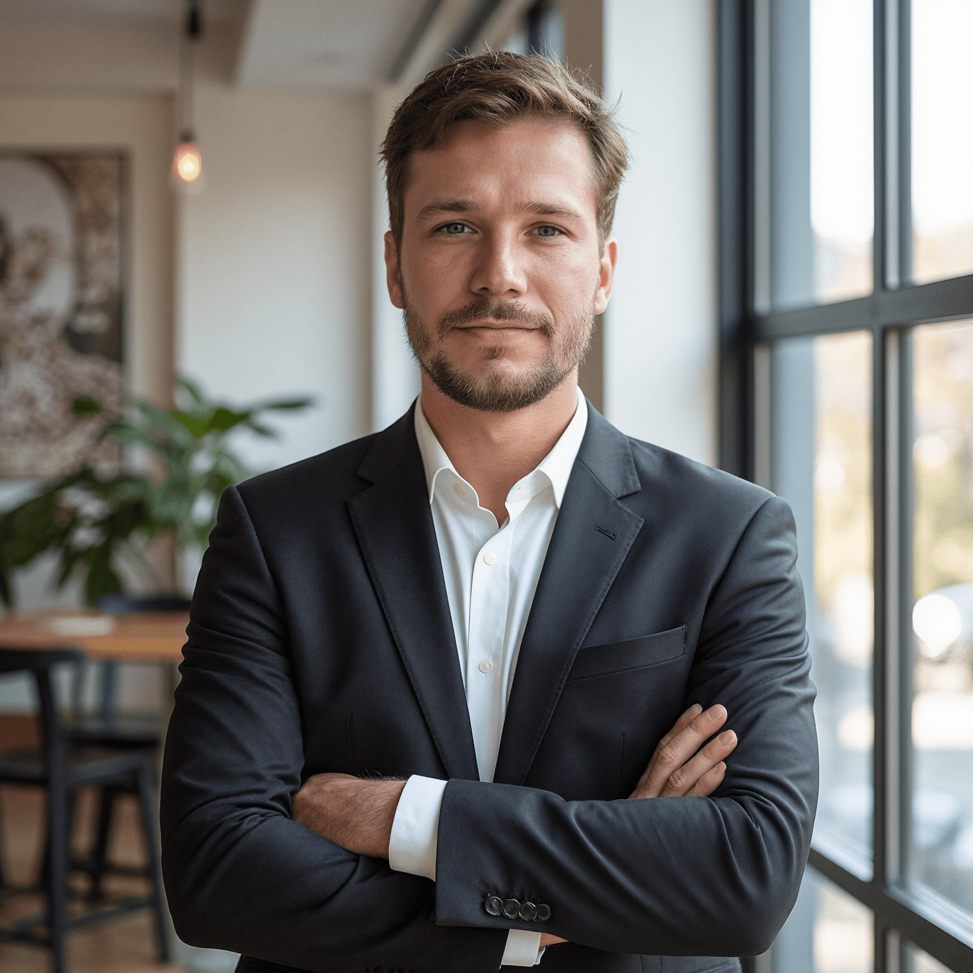 A professional portrait of Jean in a suit in the courtyard of a building