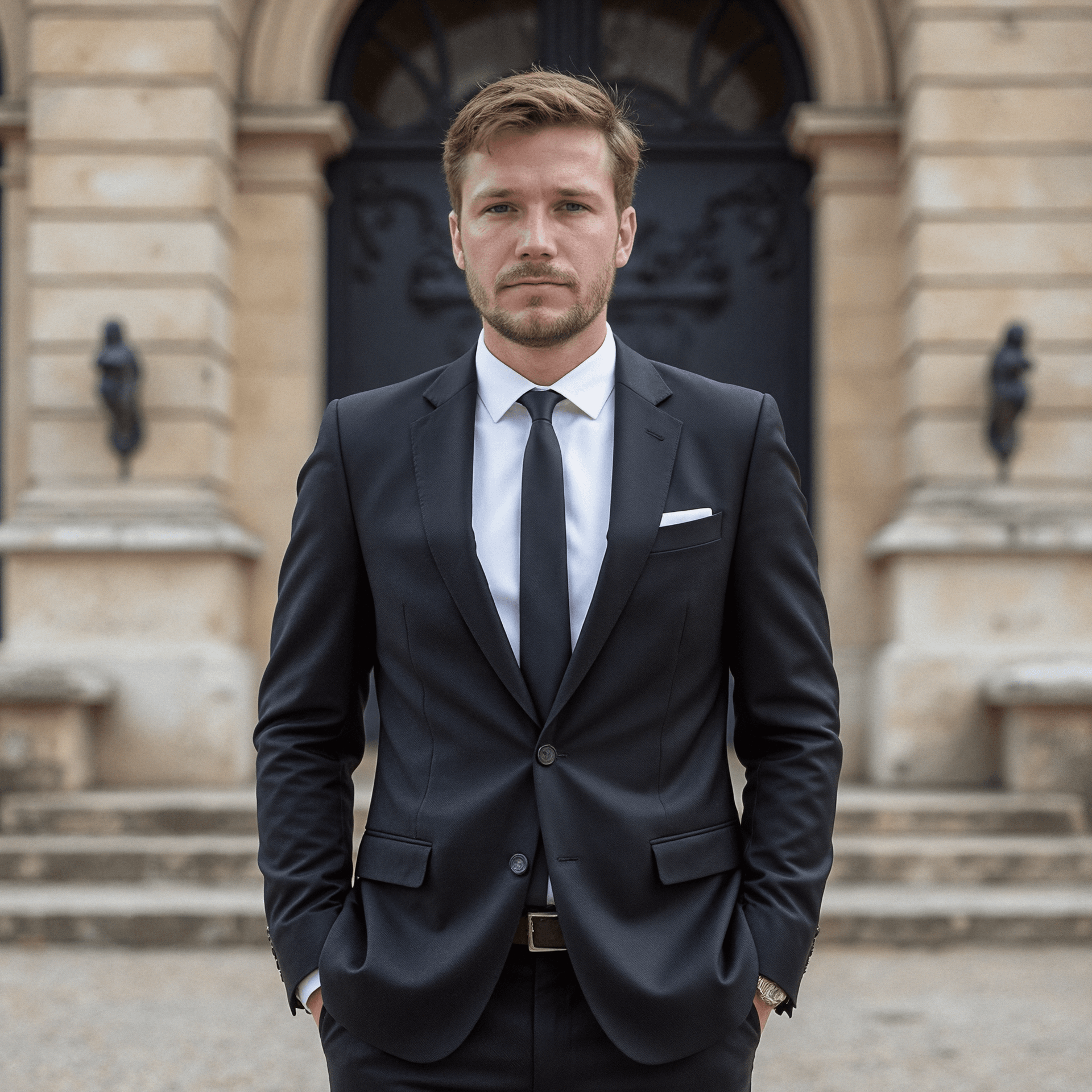 A professional portrait of Jean wearing a dark blazer and a white shirt in front of a modern office. His arms are crossed